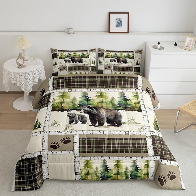 Erosebridal Bear Comforter Set Rustic Hunting Animal Bedding Set Full Farmhouse Jungle Quilt Set Plaid Lattice Patchwork Artwork Duvet Insert with 2 Pillowcases Cabin Gift Microfiber Cozy - Image 3