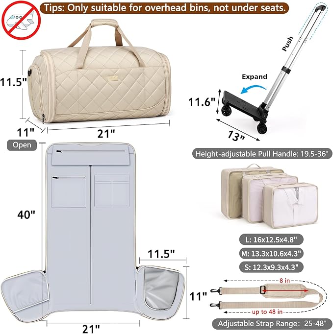 Rolling Garment Bags for Travel - Carry on Convertible Garment Duffle Bags with Wheels for Men Women, 4 in 1 Large Travel Duffel Bags with Shoes Compartment Hanging Suit Dress Weekender Bag 4pcs Set - Image 7