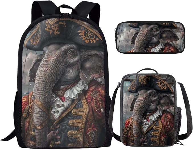 17 Inch Animal Print School Backpack And Lunch Box Set for Kids Lightweight Pirate Elephant Backpack for Boys Girls Sturdy School Bag with Insulated Lunchbox Pencil Case Student Bookbag by Parprinty