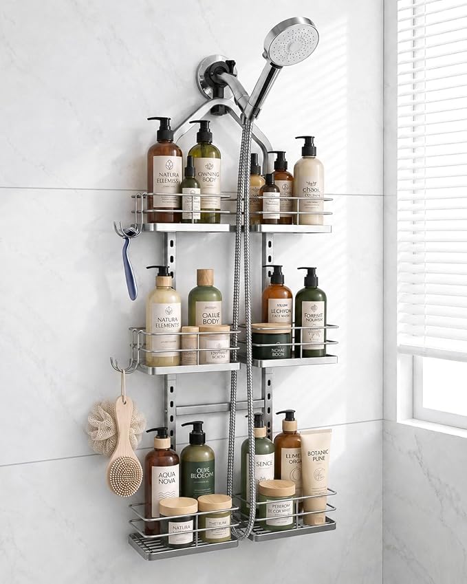3-Tier Adjustable Hanging Shower Caddy for Handheld Showerhead, Silver | Rustproof Shower Rack Baskets, Anti-Swing Hanging Shower Organizer for Bathroom Storage with 2 S-Hooks, Large Capacity by ANCHImsr