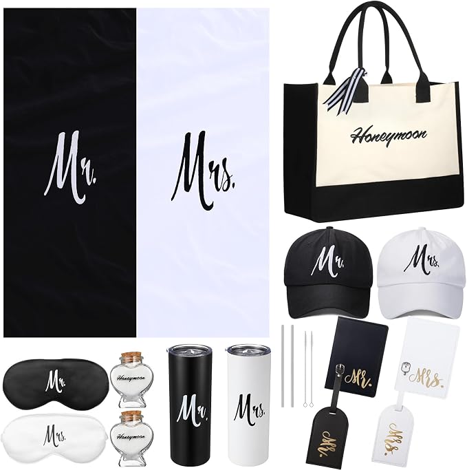 Preboun 14 Pcs Wedding Gifts for Couple Honeymoon Gifts Include Mr and Mrs Beach Towels 20 oz Wine Tumbler Hat Shareable Passport Holder Baggage Tag Glass Bottle Canvas Honeymoon Tote Bag Sleep Mask by Preboun