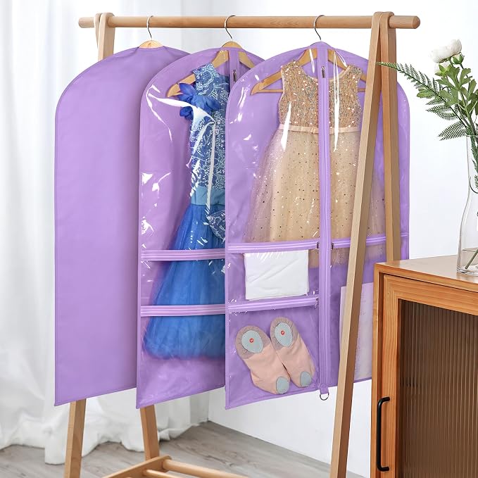 Univivi Dance Costume Bags Garment Bag 40 Inch Hanging Clothes for Dance Competitions, with 3 Medium Clear Zipper Pockets for Dance Costumes, Closet Storage (Purple) - 4 Pack - Image 5