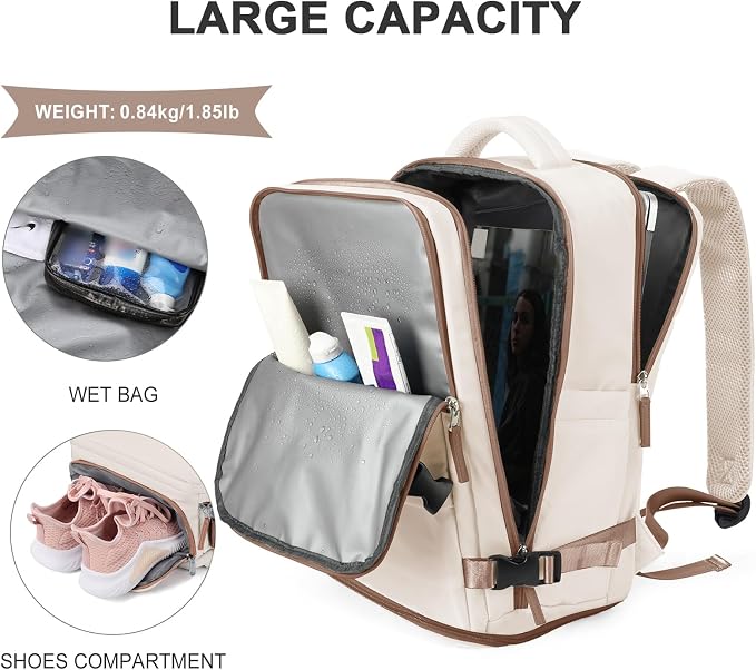 coowoz Large Travel Backpack For Women Men,Carry On Backpack Flight Approved,Hiking Outdoor Rucksack Casual Daypack Travel Bag Essentials Personal Item Backpack (Beige Brown-L) - Image 5
