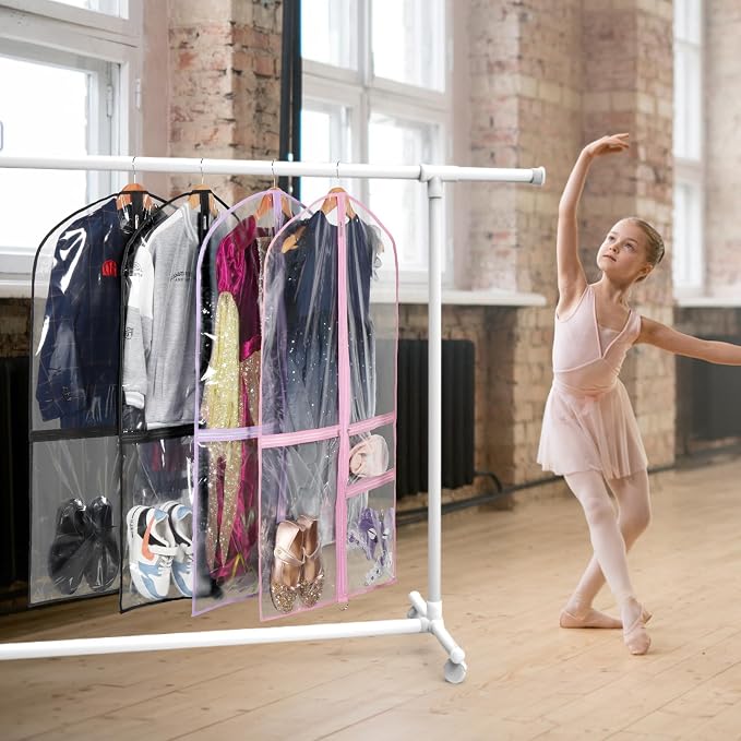 Zilink Clear Garment Bag for Dance Costumes 40” Clear PVC Dance Competition Bags Kids Garment Bag with 3 Clear Zipper Pockets for Competition and storage，Set of 4 (Clear/Purple) - Image 2
