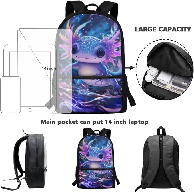 Axolotl Backpack for Girls 8-10 6-8 Children's Back to School Bag with Lunch Box and Pencil Case and Water Bottle Holder 4Pc Travel/Camping Rucksack 17'' School Bookbag Set - Image 4
