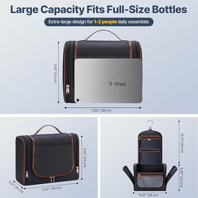 ZAHNI Men’s Hanging Toiletry Bag, Large Capacity Toiletry Organizer | Water-Resistant Toiletry Bag With 360° Hook, Multiple Compartments For Grooming & Shaving, Ideal For Travel & Business, Black - Image 2