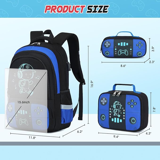 Bevalsa Backpack for School Boys, Cool Luminous Gamer Boys Schoolbag with Lunch Box & Pencil Case Set for Kids Teens Elementary Middle School, Bookbag Glow In The Dark(Blue School Backpack) - Image 3