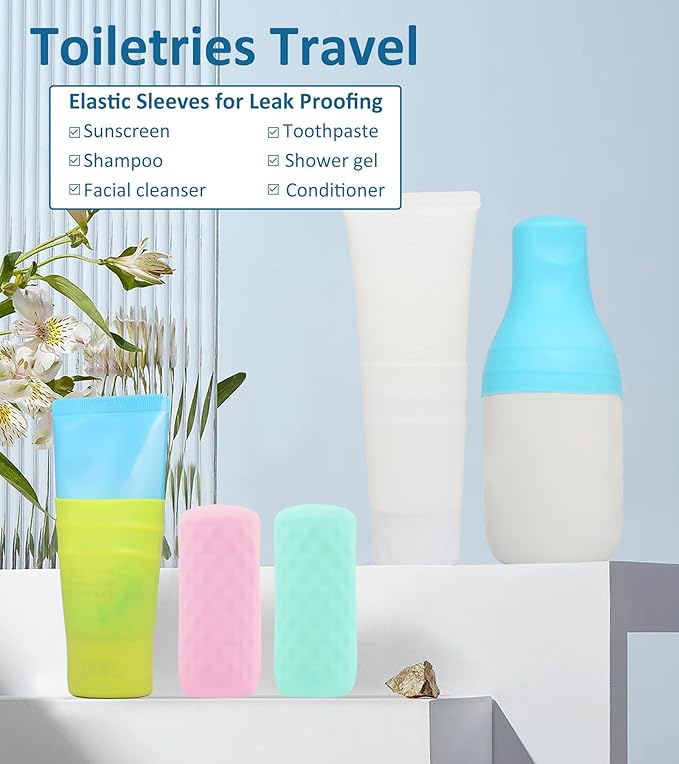 15 Pack Travel Essentials Accessories Silicone Bottle Covers, Cruise Essentials, Beach Vacation Essentials for Women Men, Elastic Sleeves for Leak Proofing, Fit Travel Size Bottles Toiletries