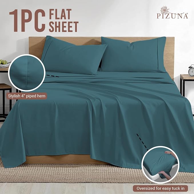Pizuna Pure 100% Cotton Flat Sheets Only Queen Peacock Blue (1 PC), Luxurious 400 Thread Count Long Staple Cotton Sateen with 4" Hem (Combed Queen Flat Sheet Only Cotton) - Image 3