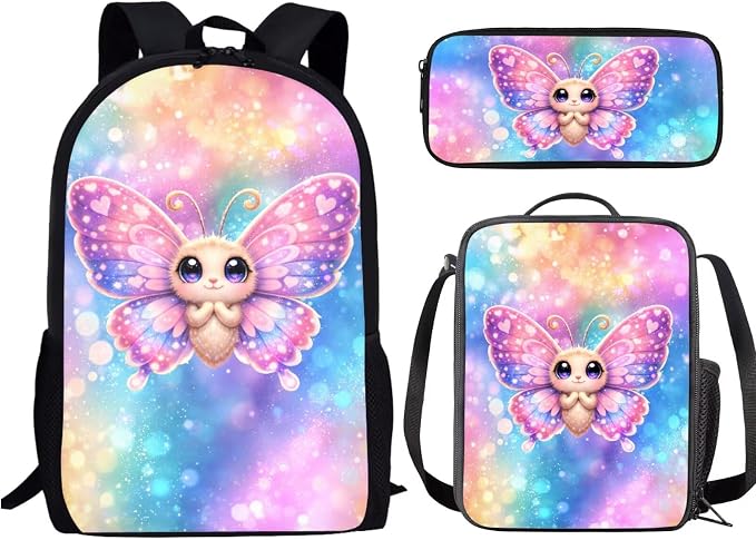 Forchrinse Cartoon Butterfly Backpack for Girls Kids Backpacks with Lunch Box Pencil Case 3PCS Bookbag Set 17 inch School Bag for Elementary School by Forchrinse