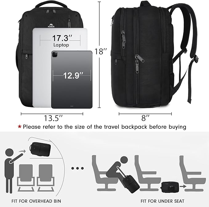MATEIN Carry on Backpack, 40L Flight Approved Large Travel Laptop Backpack | Fit 17 Inch Laptop, Computer Daypack, Water Resistant, College Weekender Overnight Bag, For Men & Women, Black - Image 7