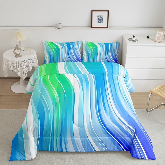 Rainbow Bedding Set Twin Size, Tie Dye Comforter Set For Kids Girls Women Adult Bedroom, Teal Blue Pastel Quilted Duvet Watercolor Geometric Stripes Down Comforter 2 Pieces With 1 Pillow Case - Image 2