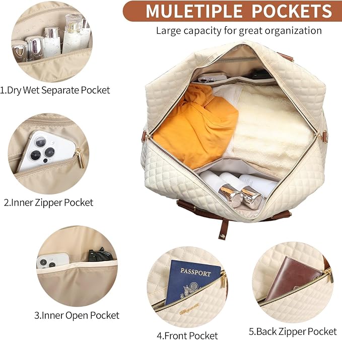 Wogarl 3PCS Weekender Bags for Women Large Overnight Bag Weekend Travel Duffel Bag Carry on Shoulder with Shoe Compartment Canvas Toiletry Bag for Travel Business Gym,Beige - Image 4