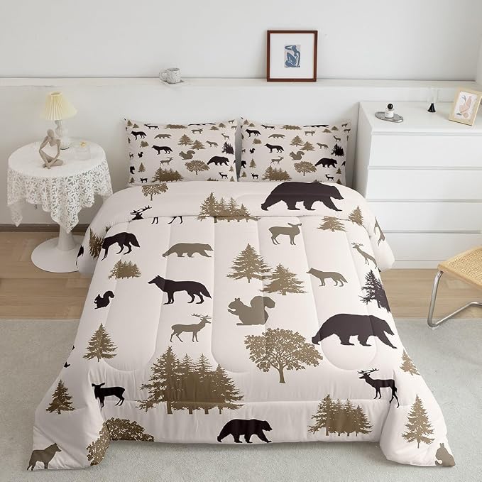 Rustic Bear Comforter Set for Kids Boys Girls Full,Elk Moose Squirrel Wolf Wildlife Printed Bedding Set,Animal Silhouette Farm Style Quilt Set,Grey Woodland Wildlife Duvet Inserti with 2 Pillowcases - Image 2