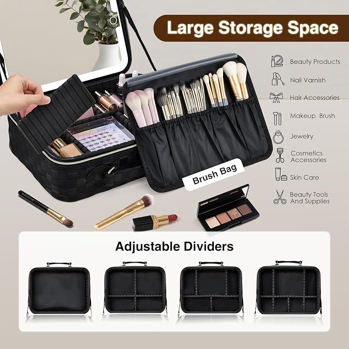 Faquenc Makeup Bag with LED Lighted Mirror 12.2 IN Travel Makeup Bag Adjustable Brightness in 3 Colors Cosmetic Organizer Artist Storage Bag with Dividers Brush Holder Bag Vanity Black Checkerboard - Image 3