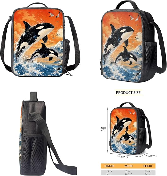 Killer Whale 4 In 1 Kids School Bag Set Water Resistant Backpack with Thermal Lunch Cooler, Pencil Pouch & Water Bottle Cover for Ocean Animal Lovers Girls Boys Back to School Supplies - Image 5