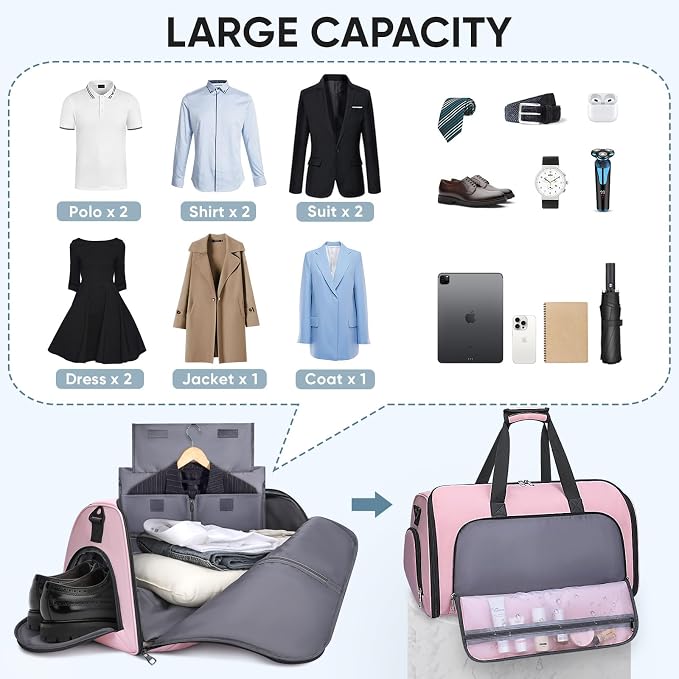 BALEINE Travel Garment Bag, Travel Suit Bag for Men, Water Resistant Carry on Garment Bag for Hanging Clothes, Garment Duffel Bag for Travel Business (Pink-Convertible) - Image 5