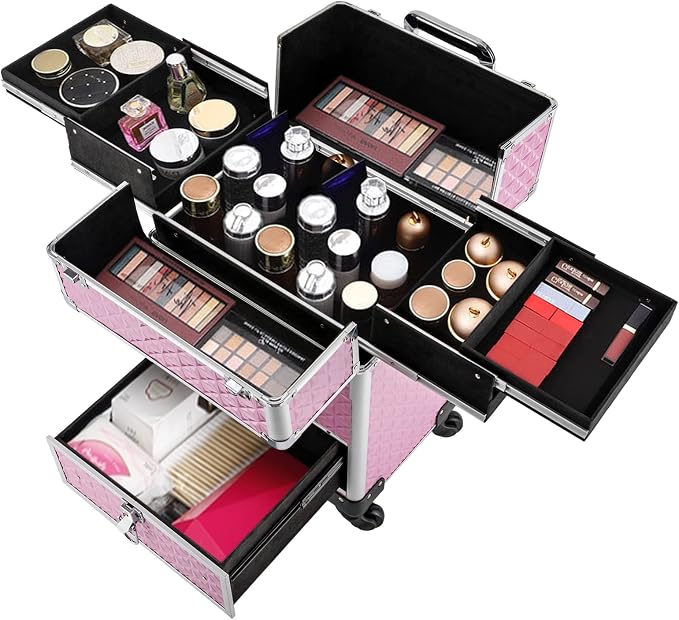 Rolling Makeup Case Cosmetic Train Cases 4 Tray with Sliding Rail Rolling Makeup Cart Cosmetic Trolley 3 Tier Travel Case Salon Barber Case for Makeup Tattooist Nail Tech Hairstylists - Image 5