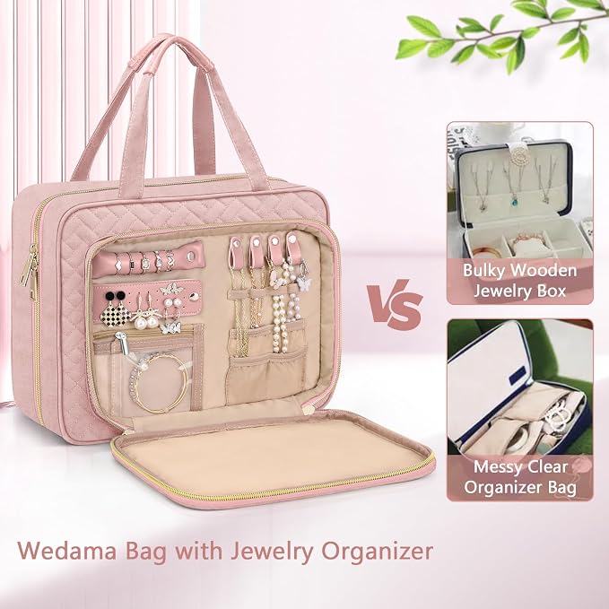 Wedama Toiletry Bag for Women, Hanging Travel Toiletry Bag with Jewelry Organizer Compartment Large Makeup Bag, PVC Waterproof Cosmetic Travel Bag for Travel Business Trips Camping Bathroom, Pink - Image 3