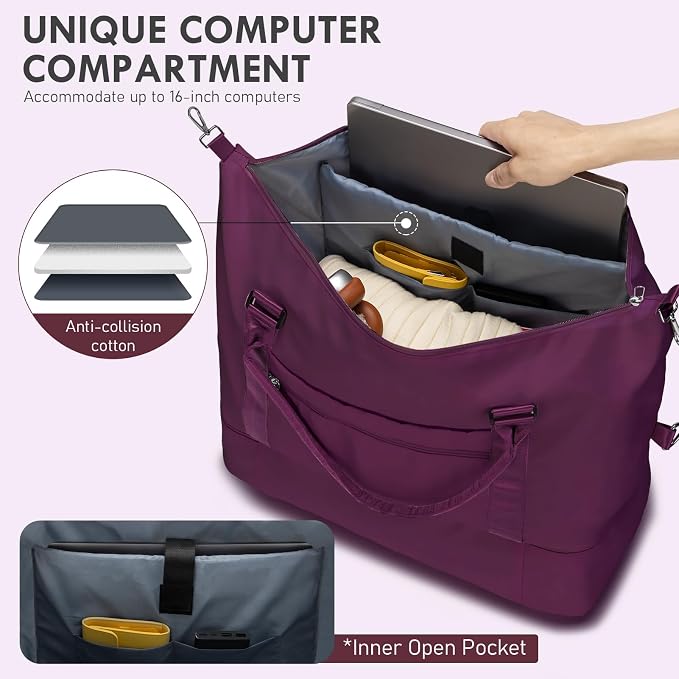WOOMADA Weekender Overnight Bag for Women, Carry on Shoulder Travel Duffel with Shoes Compartment,Gym Bag with Toiletry Bag - Image 3