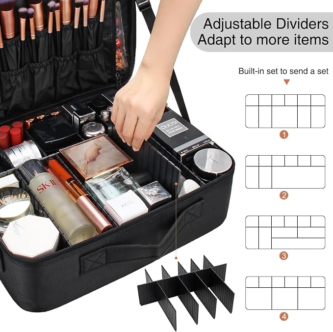 Relavel Extra Large Makeup Case with Plastic Dividers Washable and Easy to Clean, Travel Makeup Train Case Professional Makeup Artist Bag Portable Nail Organizer Box Art Supply Case (Black) - Image 2