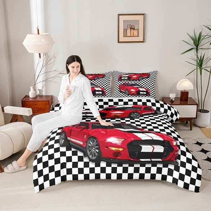 Erosebridal Child Racing Car Comforter Set Race Sports Car Bedding Set Black and White Grid Duvet Sets Automobile Bedding Set Mordern Design Boys Teens Bedroom Decor Down Comforter,Full - Image 2