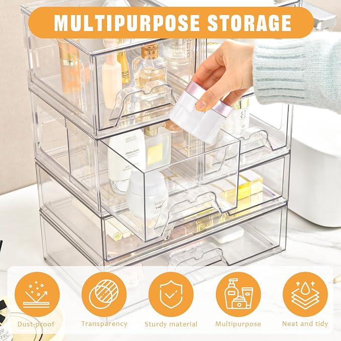 Stebopum 4 Pack Stackable Storage Drawers Clear Acrylic Organizer Bathroom Makeup Organizer and Storage for Beauty Supplies,Ideal for Vanity, Bathroom,Cabinet,Pantry Organization - Image 3