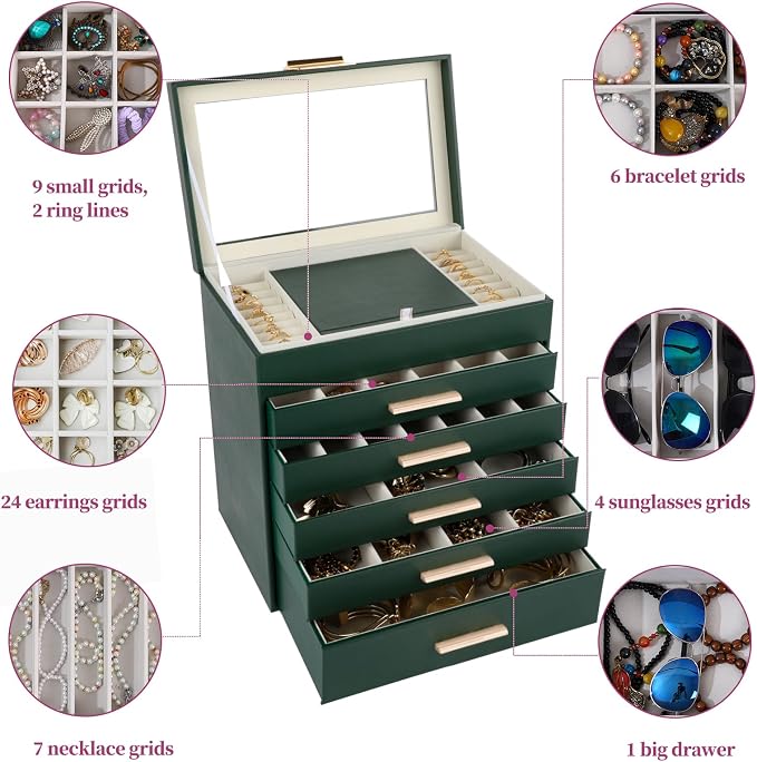 BOOVO Jewelry Box for Women, Green 6 Layer Large Jewelry Organizer with Glass Lid for Necklace, Bracelet, Earrings Storage, Jewelry Organizers and Storage for Girls Gift (Green and Gold, 6 layer) - Image 5