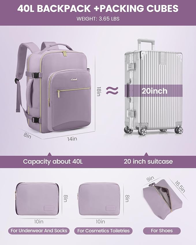 LOVEVOOK 40L Travel Backpack Flight Approved Carry on Backpack,3 Packing Cubes,Waterproof Personal Item Travel Bag,TSA Carry on Luggage Suitcase Travel Essentials,Gifts for Women & Men,fits 17" Laptop - Image 5