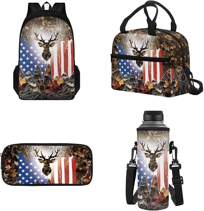 School Backpack 4 Pcs Set Include Insulated Lunch Bag and Pencil Box and Water Bottle Bag, School Bookbag Outdoor Travel Bags Casual Daypack for Teens Kids, American Flag Deer Branch by Tomeusey
