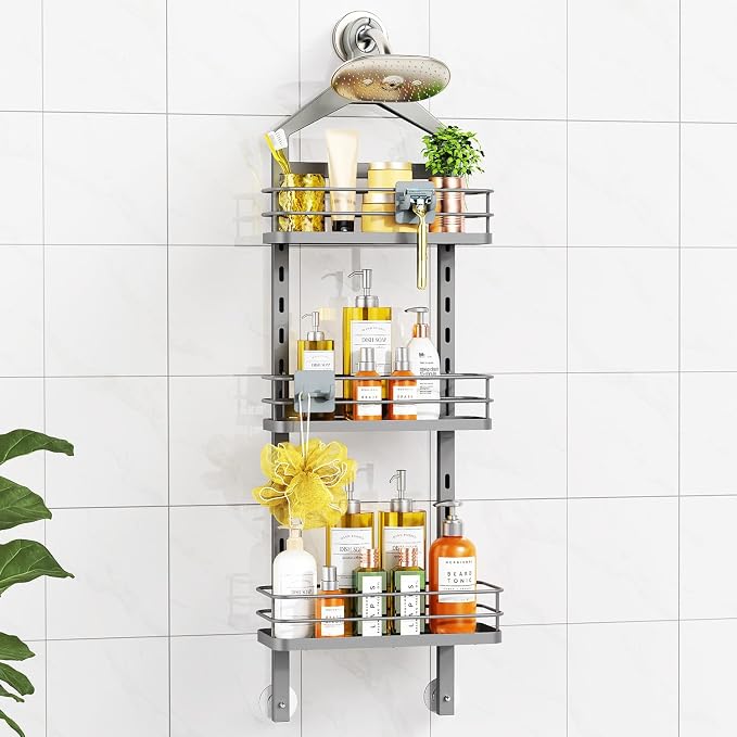 ODesign 3 Tier Adjustable Shower Caddy Hanging Over Head Anti-Swing Grey | Shower organizer hanging,no drilling required,comes with removable hook and storage box, suitable for indoor showers by ODesign