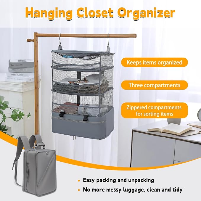 Hanging Packing Cubes for Travel - 300D Oxford Fabric Suitcase Organizer Hanging | Foldable Storage for Clothes, Shoes & Toiletries | Multi-Scene Gray Hanging Packing Cube (gray, l) - Image 7