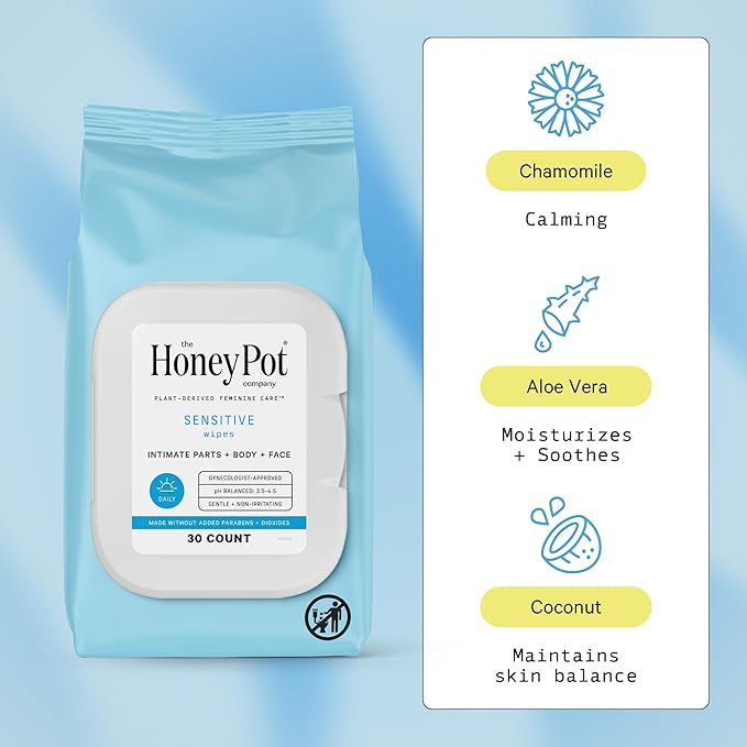 The Honey Pot Company - Feminine Wipes - Daily PH Balancing, Fragrance & Sulfate Free Wipes for Intimate Parts, Body, or Face - Hygiene Products - Sensitive 30 ct (Pack 3)
