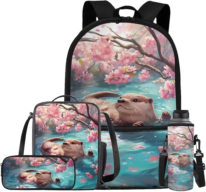 Cherry Blossom Otter Backpack for Girls Kids Backpack with Lunch Box Water Bottle Carrier with Strap and Big Pencil Case 4PCS Bookbag with Front Pocket for School 17 inch Sturdy School Bag by ELEDIZI