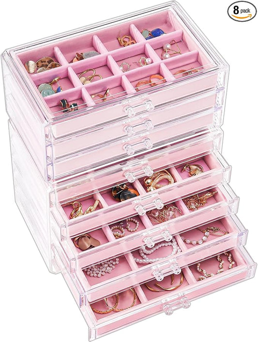 ProCase Earring Holder Organizer Jewelry Box with 8 Drawers, Acrylic Clear Earring Case with Adjustable Velvet Trays for Women - Pink, 8 Layers by ProCase