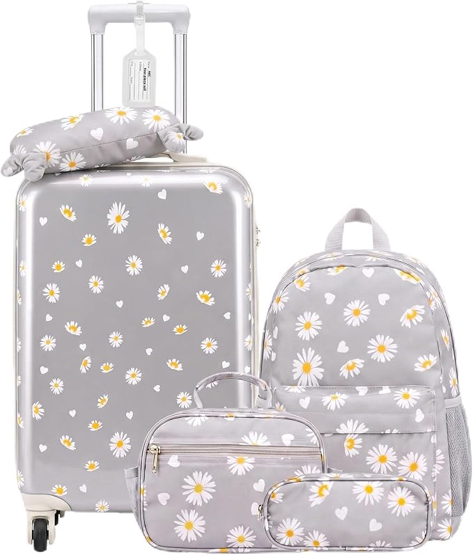 Redbaker 6 Pcs Kids Luggage Set, 17 Inch Rolling Suitcase with Backpack Lunch Bag Neck Pillow, Grey Daisy Travel Set for Summer Vacation Sleepover Back to School Gift by Redbaker