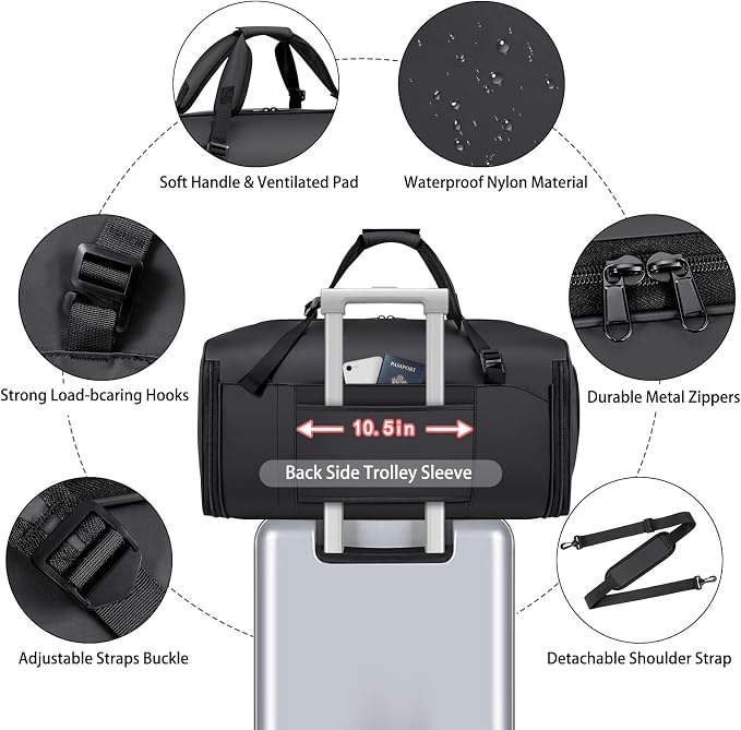 Convertible Garment Bags for Travel - Carry on Garment Duffle Bag with Backpack Straps for Men Women, 4 in 1 Large Travel Duffel Bags with Shoes Compartment Hanging Suit Dress Weekender Bag - Image 5