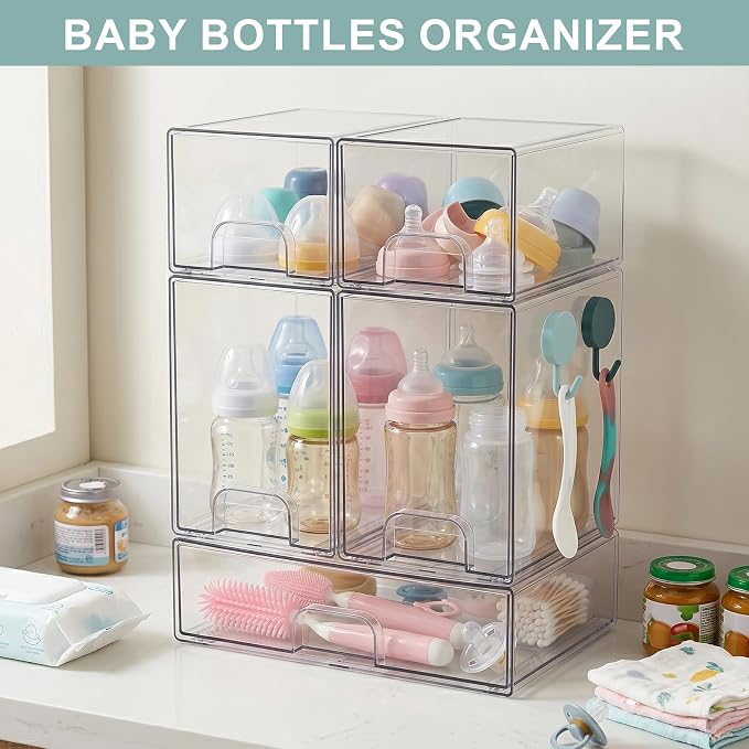 POLRAI 5 Pack Baby Bottles Organizer with Brush and Hooks, Stackable Acrylic Storage Boxes for Baby Bottles, Makeup, Small Items, Clear Storage Containers for Kitchen, Bathroom, Bedroom, Cabinet - Image 2