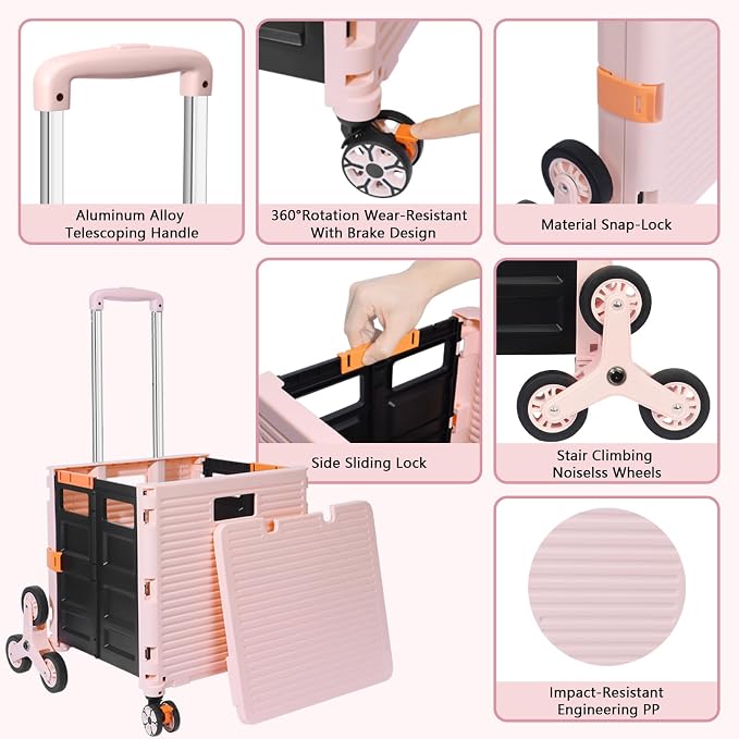 FELICON SELORSS Folding Utility Climber Cart Portable Rolling Crate-Pink | Stair Climbing Wheels+360°Swivel Wheels,Telescoping Handle,Plastic Box Dolly for Travel Shop Move Laundry Office Teacher Use - Image 2