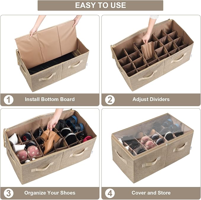 Moteph Shoe Organizer for Closet - Shoe Storage Organizer for Closet Organization with Clear Cover & Adjustable Dividers, Shoe Rack & Basket - (Light Brown, Large - 24 Pairs) - Image 4