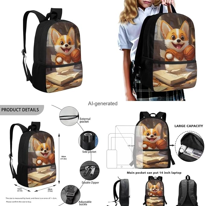 Cute Corgi Backpack for Kids Boys Backpack with Lunch Box Water Bottle Holder and Soft Pencil Case 4PCS Set Bookbag with Front Pocket for School 17 inch Lightweight Elementary School Bag - Image 3