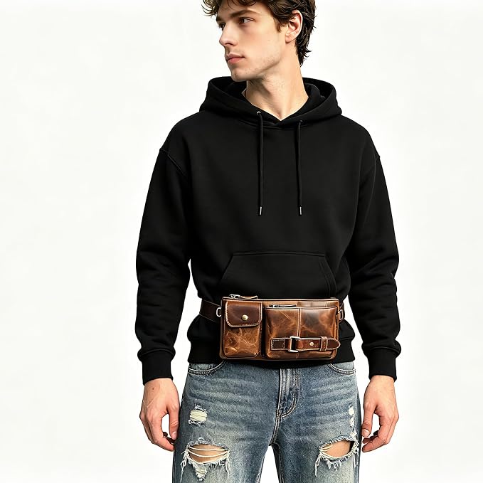 Water Resistant Canvas + Leather Hiking Riding Travel Fanny Waist Pack Small Phone Pouch For Men Women FB811-29 (Z-8135-100% Leather) - Image 8