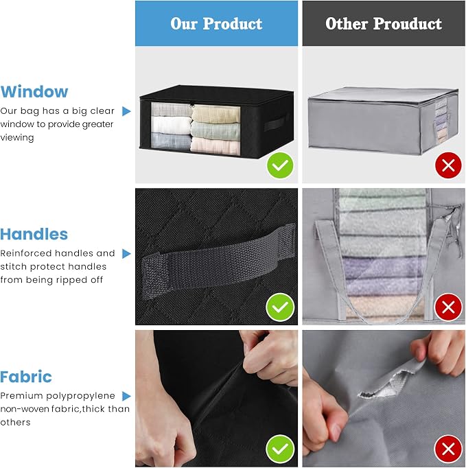 HomeHacks Storage 10-Pack Clothes Organizer Storage Bags Foldable Storage Box with Large Clear Window Sturdy Handles for Closet, Dorm, Pillows, Bedding, Clothes, Blankets, 35L, Black - Image 4