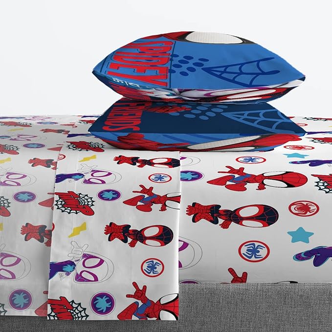 Jay Franco Kids Sheet Set with Fitted, Flat Sheets & Pillow Cover - Ultra-Soft Bedding with Pillowcase for Room Decor, White - Spidey & Friends, 4 Piece Full - Image 5