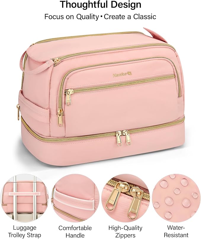 Hanke Travel Toiletry Bag, Lightweight Wide-open Makeup Bag, Dual-Layer Travel Bag for Toiletries Water-Resistant Cosmetic Bags Large Toiletry Bags for Women & Men, Travel Essentials, Pink - Image 8