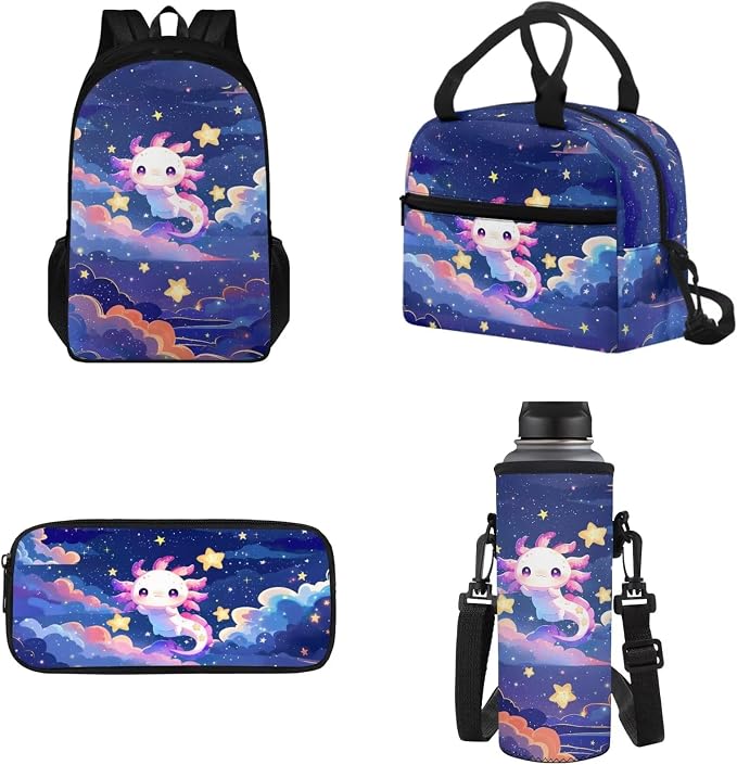 4 Pack Backpack for Boys Girls with Reusable Lunch Bag Pencil Bag Water Bottle Sling for School, Galaxy Axolotl School Bag Bookbag Rucksack Primary Middle Knapsack Set by Tomeusey