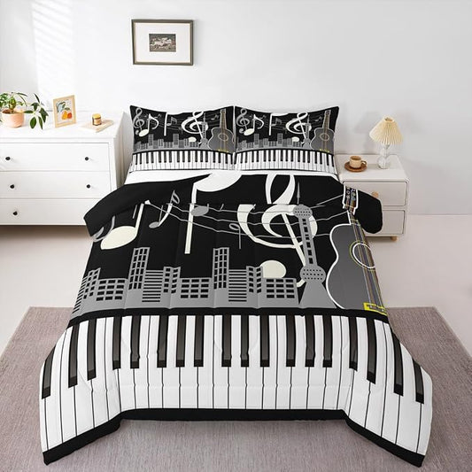 Erosebridal Paino Keys Bedding Set King Size Musical Notes Comforter Set Guitar Rock Music Bedding Comforter for Kids Boys Teens Men Retro Black White Grey Down Comforter Bedroom Decor 3 Piece by Erosebridal