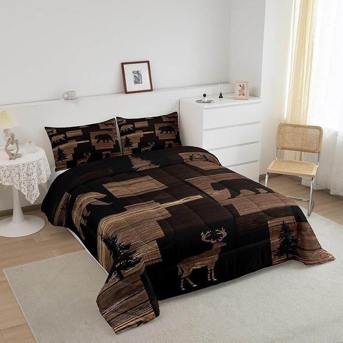 Erosebridal Rustic Bear Comforter Sets for Teens Youth,Lodge Elk Moose Bedding Set Twin,Cabin Hunting Animal Buffalo Plaid Check Quilt,Vintage Wooden Farmhouse Down Comforter with 1 Pillowcase - Image 3