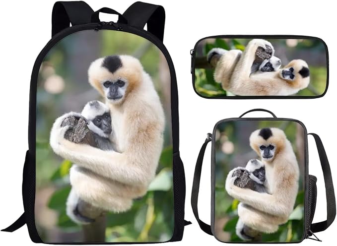 Girls Boys School Backpack with Lunch Box Pencil Case Comfy Padded Lightweight Whitecheeked Gibbon Backpack Set Kids Cute Bookbag Insulated Lunch Bag Student Large Capacity Daypack 17 Inch - Image 2