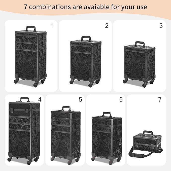 Somduy Rolling Makeup Case, Makeup Train Case with Lid, 5 in 1 Cosmetology Case on Wheels, Christmas Gift, Large Makeup Organizers, Profesional Cosmetic Case for Salon Barber, Pattern Black - Image 2